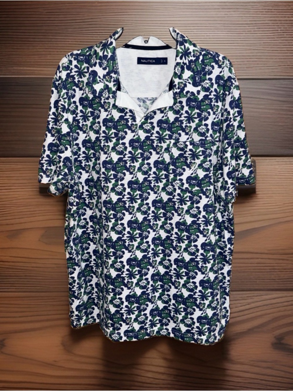 Nautica Men’s White Polo Shirt with Navy & Green Floral Print-XL-EC